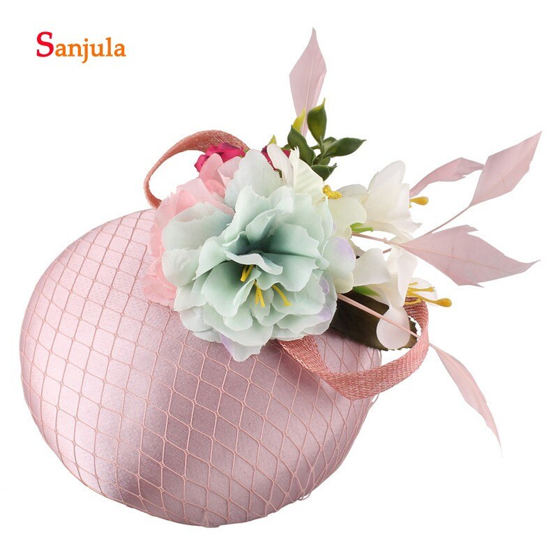 Satin hat til brudefjer håndlavede blomster bryllup hår tilbehør pink satin hat kvinder festtøj 396