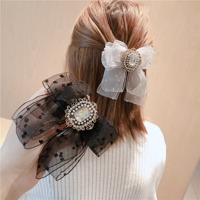 Korean Yarn Bow Spring Clip Crystal Headband Hair Pins Head Jewelry Bridal Headpiece Hair Accessories for Women Wedding