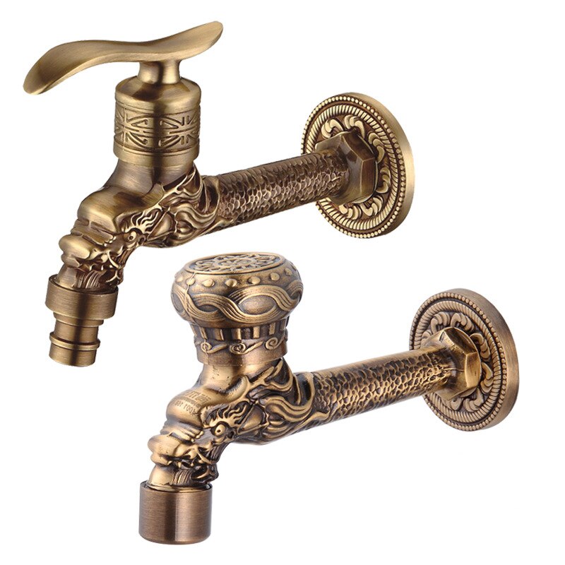 Carved Wall Mount Bibcock Brass Retro Tap Decorative Outdoor Garden Taps Washing Machine Mop Luxury Antique WC Faucet