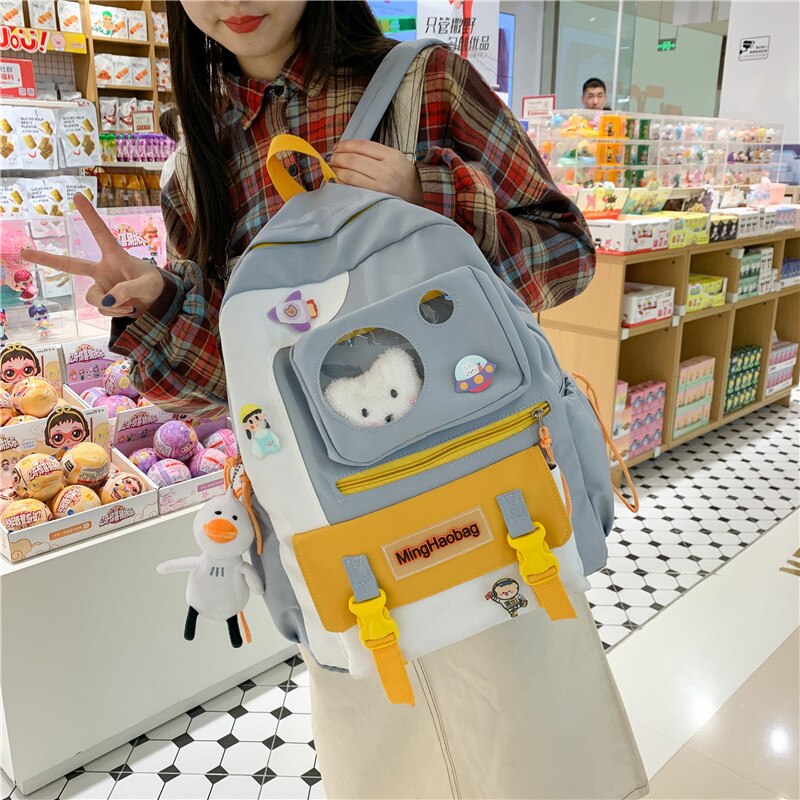 Kawaii Nylon Vrouwen Rugzak Mode Waterdichte Rugzak Voor Tienermeisjes Schooltas Leuke Student Boekentas Reizen Mochila: blue / with duck cat pendan