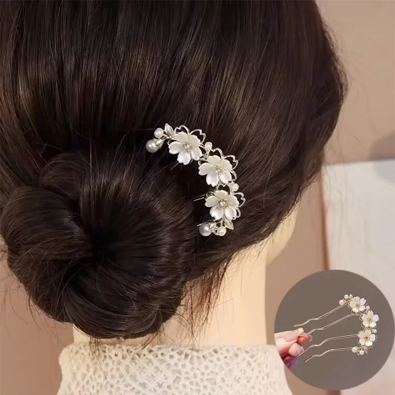 Peinetas para el cabello onduladas con flores y perlas para mujer, horquilla estilo bosque en forma de U, broche para el cabello con cabeza de moño de Metal de alta gama