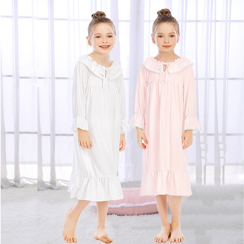 Camisón de estilo europeo Vintage para niña, ropa de dormir de algodón blanca, vestido largo fino de princesa, ropa de dormir para el hogar