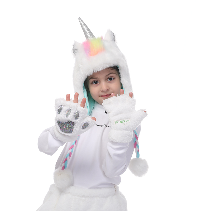 Unicorn Winter Hat Gloves Paws Unicorn Christmas For Girls Winter Faux Fur Hats Glove Set for Beanie Cosplay Photography