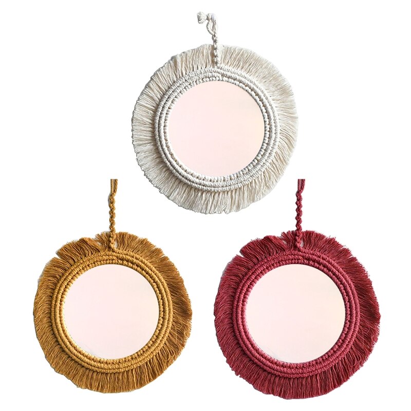 Tapiz de espejo de macramé tejido a mano, espejos, decoración artística de pared, adorno colgante de algodón para decoración del hogar, dormitorio y sala de estar