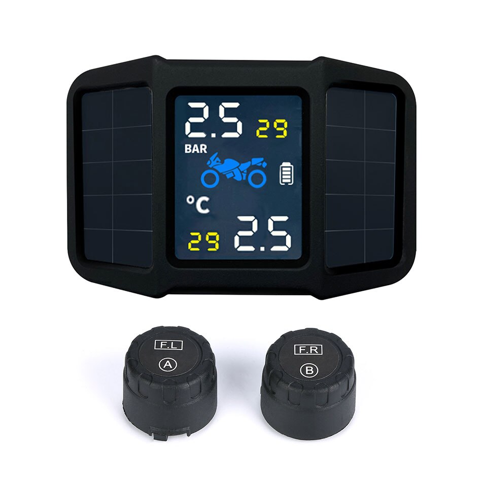 Motorcykel tpms dæktrykmonitorsystemer usb / solopladning trådløs tmps alarm realtid lcd-skærm m / 2 stk sensorer