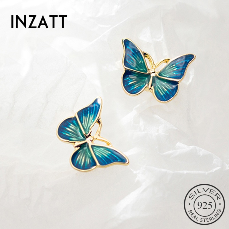 INZATT, Plata de Ley 925 auténtica, pendientes de mariposa esmaltados en azul para mujer a la , joyería fina para , accesorios bonitos para