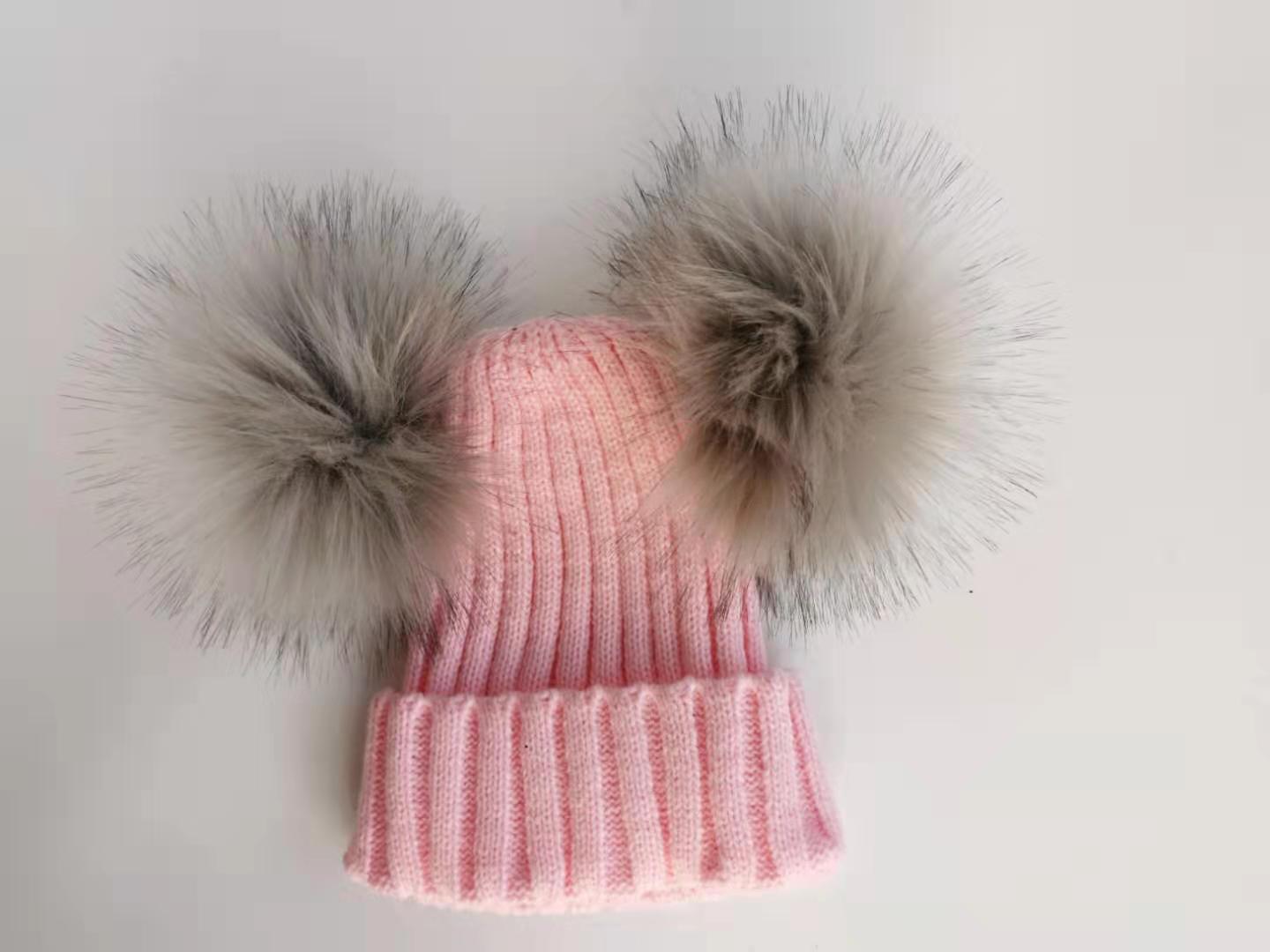 Barn vinter småbarn baby barn faux pälsmössa mössa mössa med 2 två dubbla pom poms pompom öron rolig hatt för pojkar och flickor