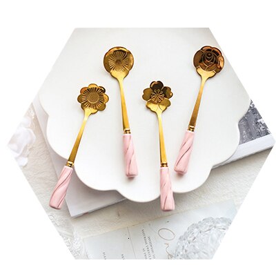 4Pcs Rvs Lepel Set met Keramische Handvat Bloemen Shape Ice Thee Koffie Lepel Dessertlepel Keuken Drinken Servies: Pink gold