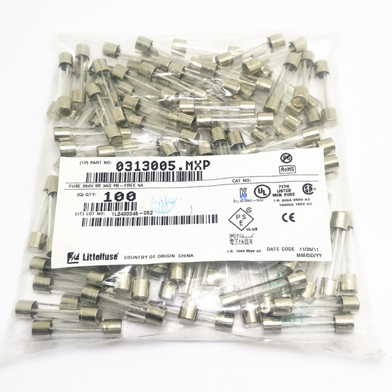 Fusible de fusión lenta, 250V, 1A, 2A, 3A, 4A, 5A, 8A, 313, dimensiones del fusible de retardo de tiempo de vidrio, 6x32mm, 313, 2 unids/lote
