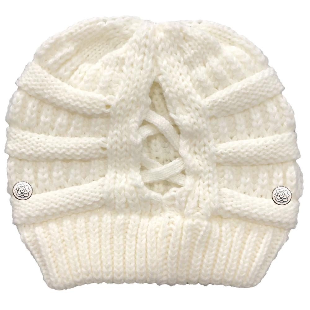 Cola de Caballo cruzada desmontable con botón para mascarilla, gorro de punto con apertura trasera, hilo de lana cálido, , producto: Blanco
