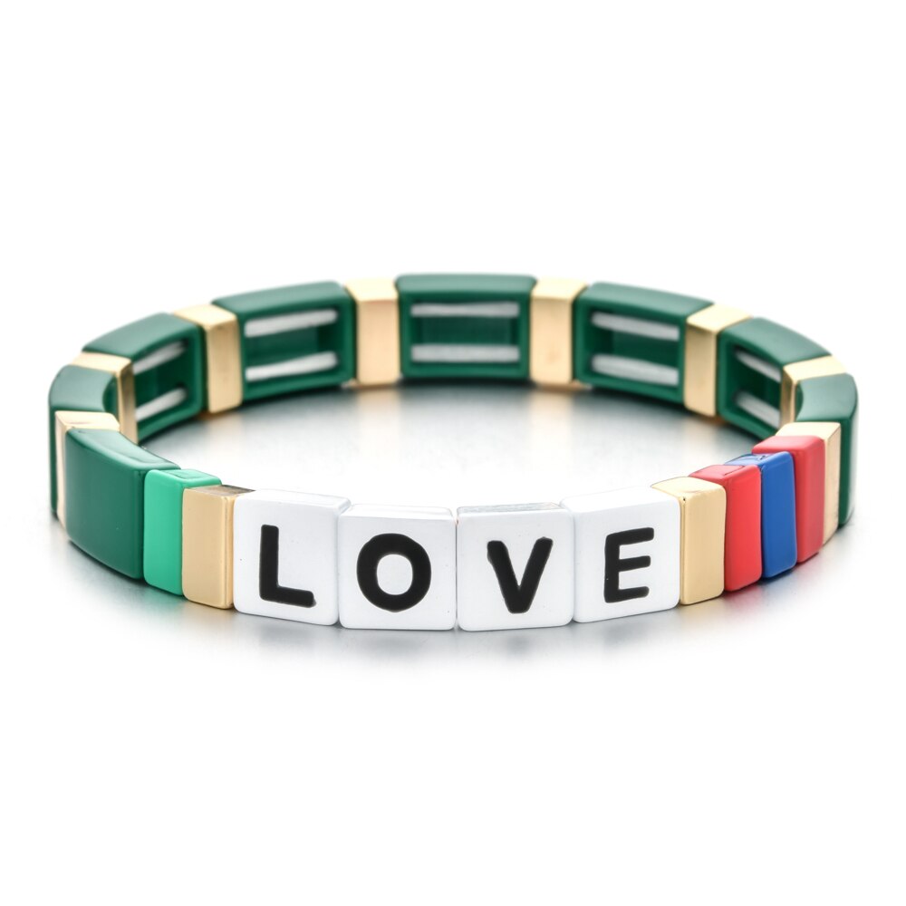 Mode Kleurrijke Regenboog Emaille Tegel Armband Vrouwen Meisjes Brief Liefde Armbanden Elasticiteit Manchet Bangles Partij Sieraden