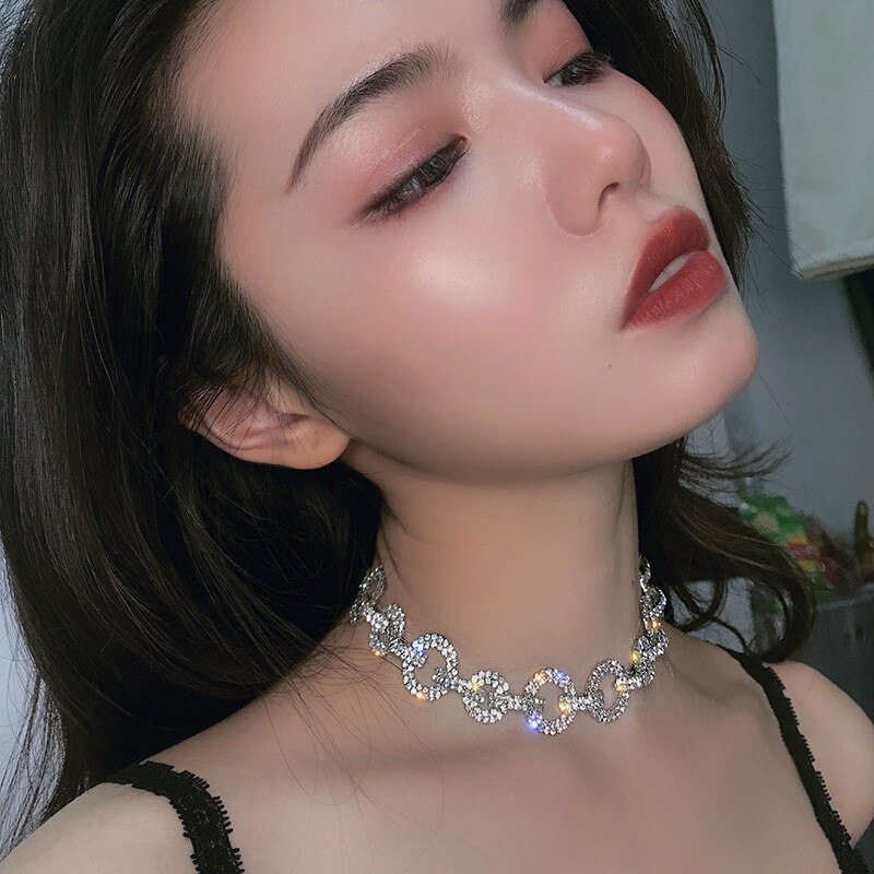 Fyuan Sex Link Chain Rhinestone Choker Kettingen Voor Vrouwen Geometrische Ronde Kristal Kettingen Bruiloften Sieraden Party