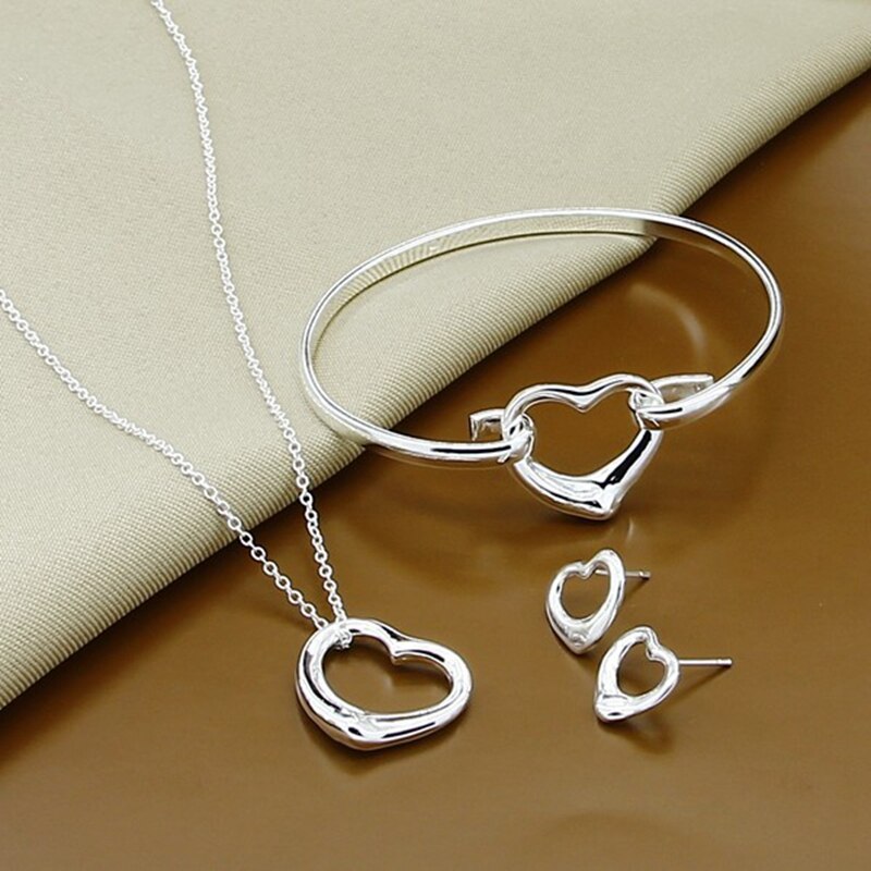 925 Sterling Silver Jewelry Set Simple Heart Love Stud Earring/Necklace/Bangle for Women Girl Birthday