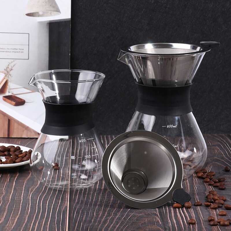 Manual Coffee Dripper Coffee Maker Anti-Scalding Silicone Handle Heat Resistant Glass Coffee Pot Stainless Steel Mesh Filter