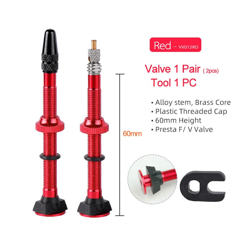 Bicicletta 1 paio 40/45/60mm Presta Valve per strada Tubeless Rim nucleo in ottone con tappo e strumento: 60mm Alloy Red