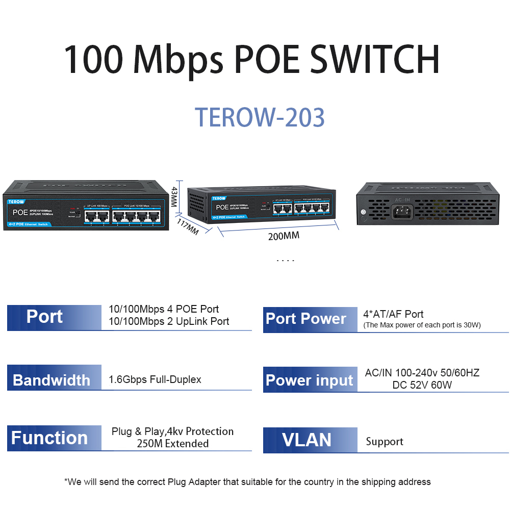 Terow switch poe 4/8/16 portas 100/1000 mbps rede gigabit ethernet 802.3 af/at vlan rj45 switch para câmera ip/ap sem fio/nrv: Azul