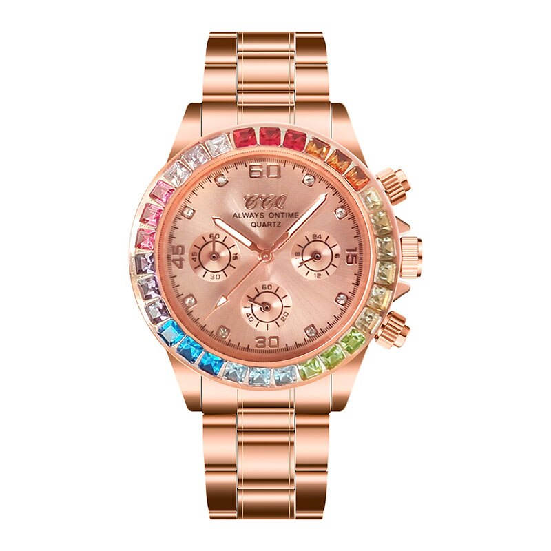 Rainbow Circle Three-eye Steel Band Watch, Square Diamond Color Diamond Personality Watch For Men And Women: rose gold