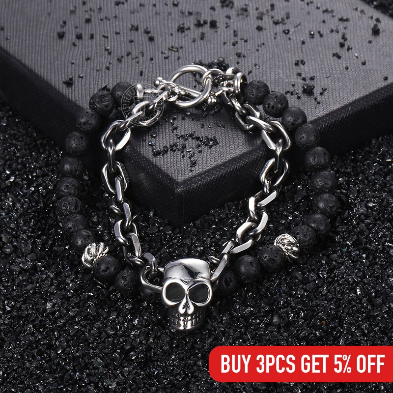 Black Lava Beaded Bracelet for Men Stainless Steel Double Layered Wheat Link Skull Charm Bracelets Male Halloween Jewelry LDB183