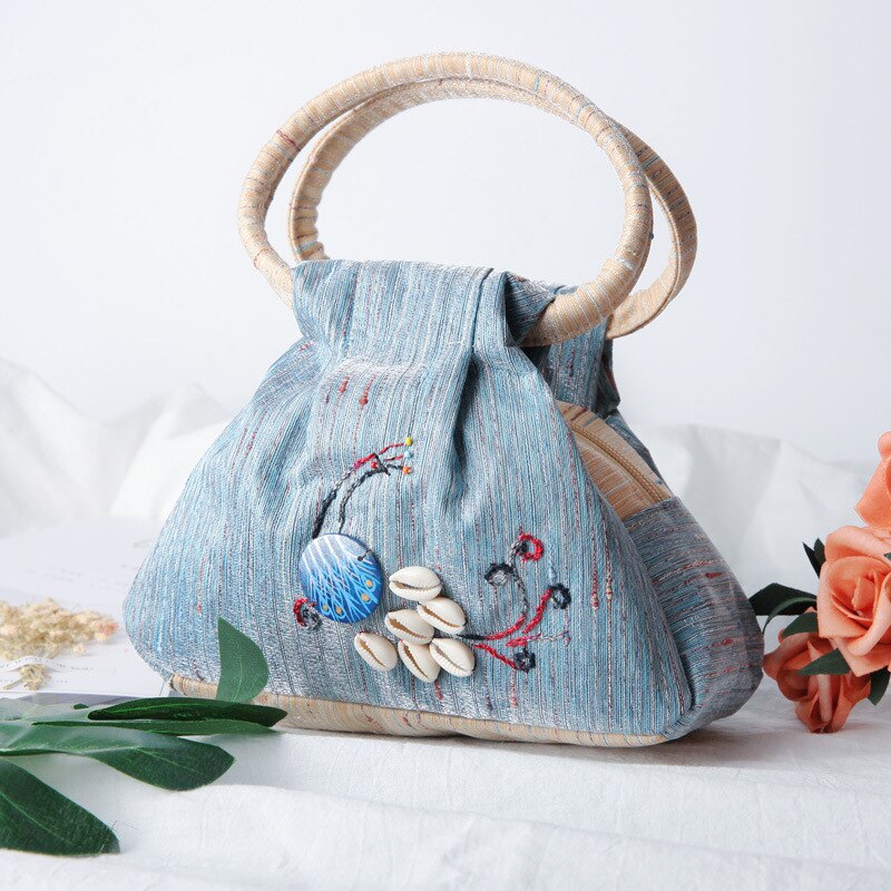 Alasir vintage broderi påfugl mønster national stil damer lærred håndtasker retro kvindelig lille shell taske: Blå og hvid