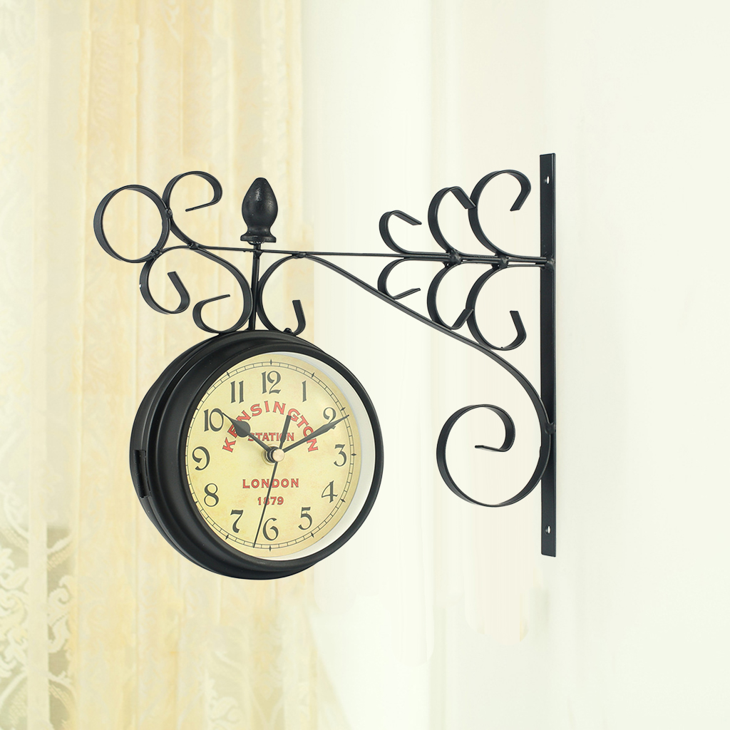 Art Double Sided Wall Clock Train Station Round Wall Garden Living Room