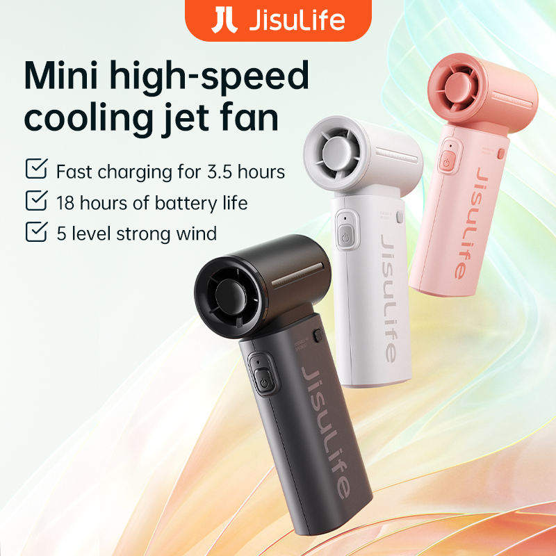 JISULIFE Hand-Turboventilator, superstarker Wind, 5 Geschwindigkeiten, lange Akkulaufzeit, 5000 mAh, wiederaufladbar über USB, Mehrzweck-Taschenventilator