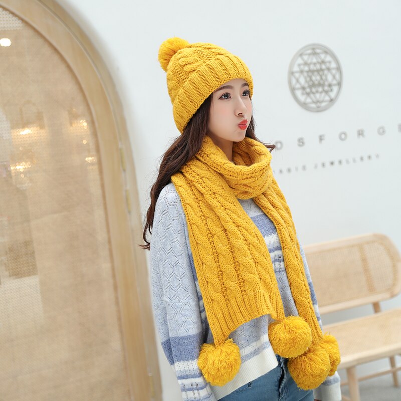 Dames winter muts sjaal set wol gebreide muts vrouwelijke bont pompon mutsen voor vrouwen dames kap dikke warme skimuts kraag