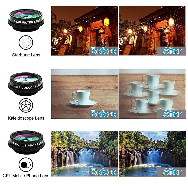 7 In 1 Telefoon Camera Lens Fisheye Fisheye Groothoek Macro Afstand Toenemende Polarisatie Caleidoscoop 7 In 1 set