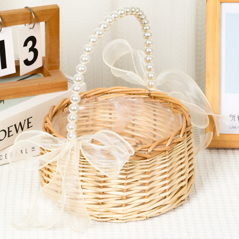 Cesta tejida de ratán de sauce, cesta de flores de mimbre con mango de perla y lazo, cesta de Picnic, arreglo floral, decoración de bodas