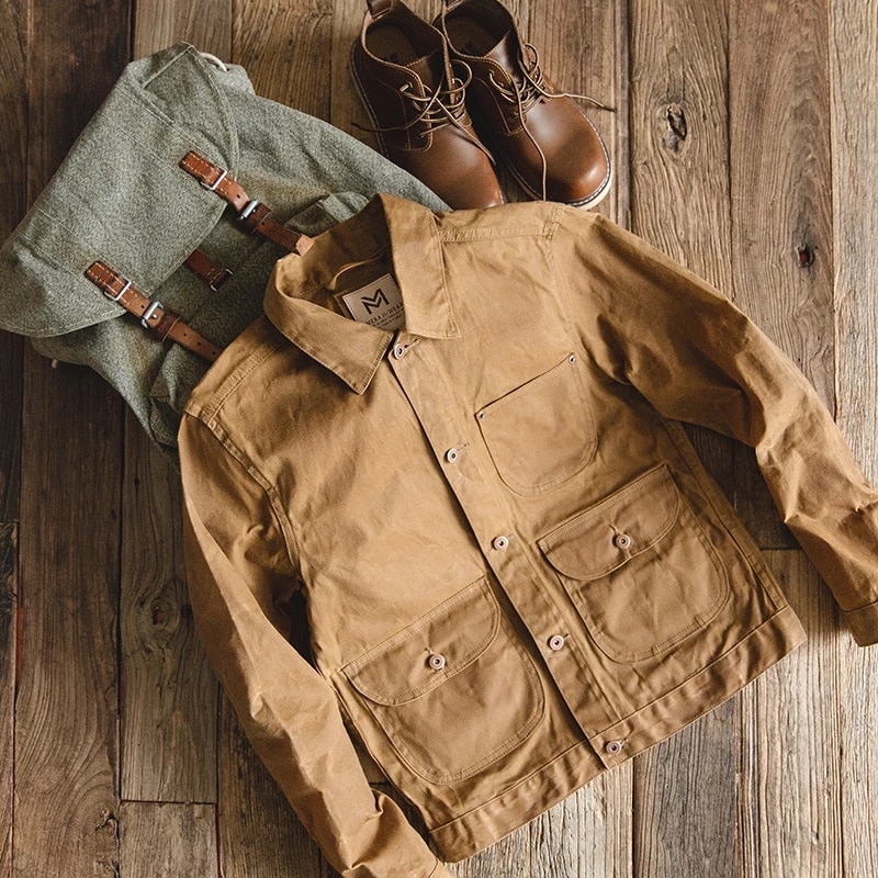 Maden-chaquetas de lona con cera al óleo para hombre, chaqueta Retro de color caqui con múltiples bolsillos, con cuentas, Ami Kaji, con bolsillo grande, ropa Vintage sólida