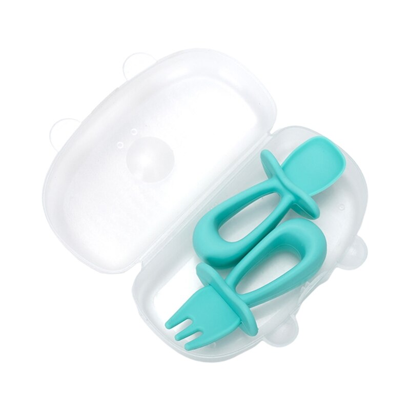 2 stuks/set babytraining korte steel siliconen vork lepel set baby servies  a2ub: Blauw