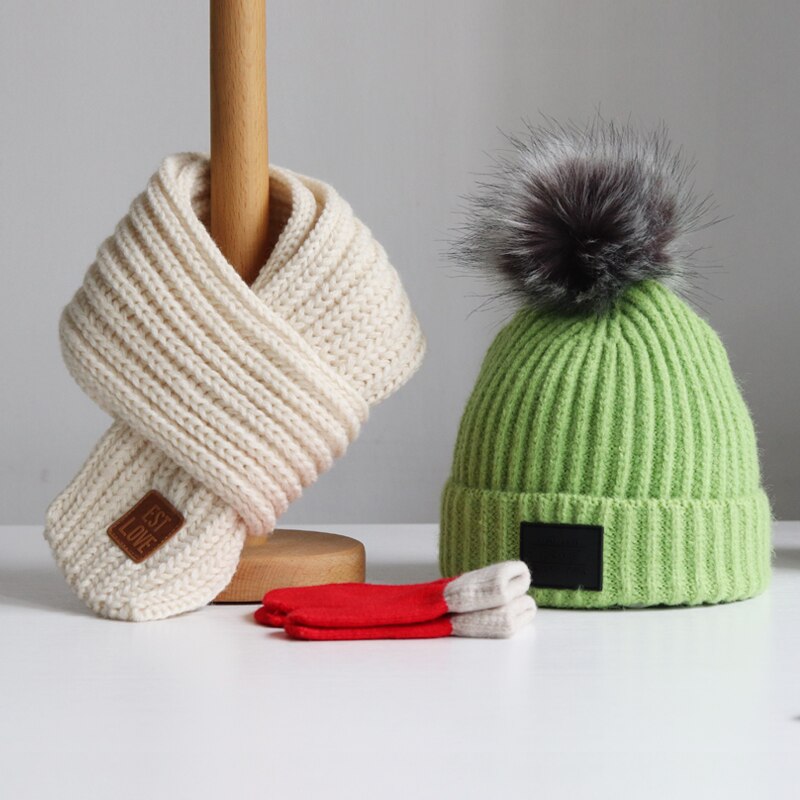 Baby lue høst vinter barn lue skjerf gutter og jenter hodehette skjerf baby ull lue trend hanske 3- deler dresser: Grønn hvit / 4-12 år gammel