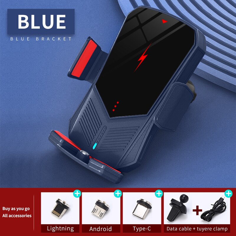 30W Qi Auto Draadloze Oplader Intelligente Infrarood Sensor Automatische Spannen Mobiele Telefoon Houder Beugel Auto Accessoires: Blue