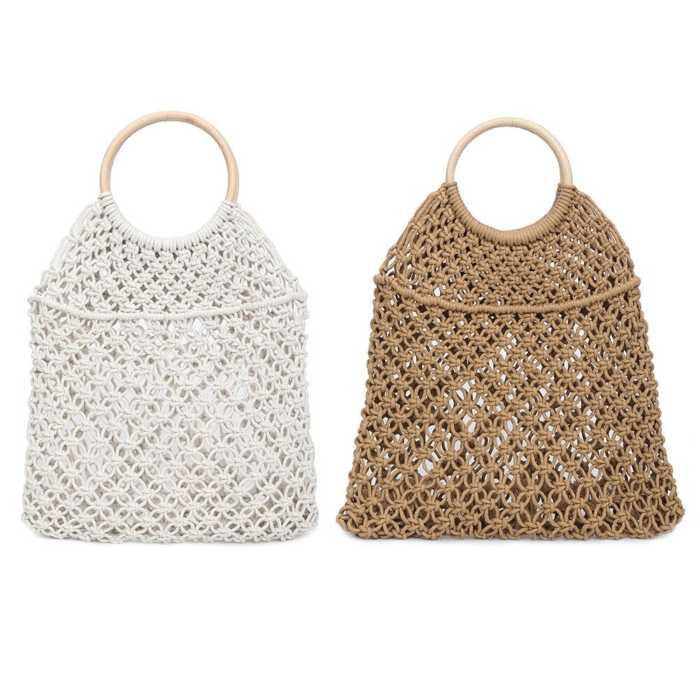 Women Handbag Handmade Straw Woven Round Handle Ring Large Capacity Summer Beach Bags -B5