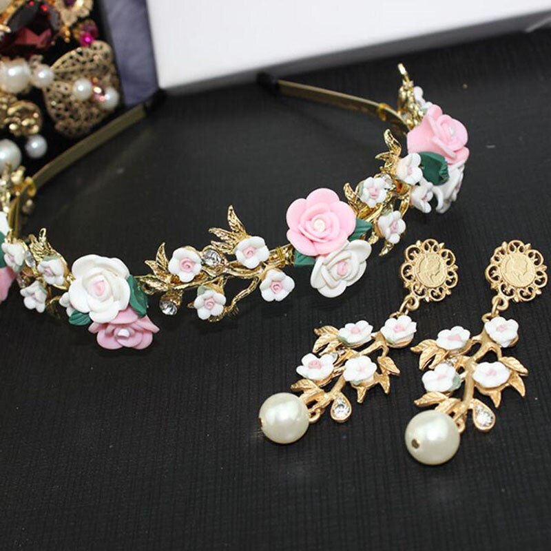 Vintage haarband met strass-steentjes, gouden legering, pareloorbellen, bruidshoofdband, metalen haarband, sieradenset voor vrouwen: Haarband oorbellen set