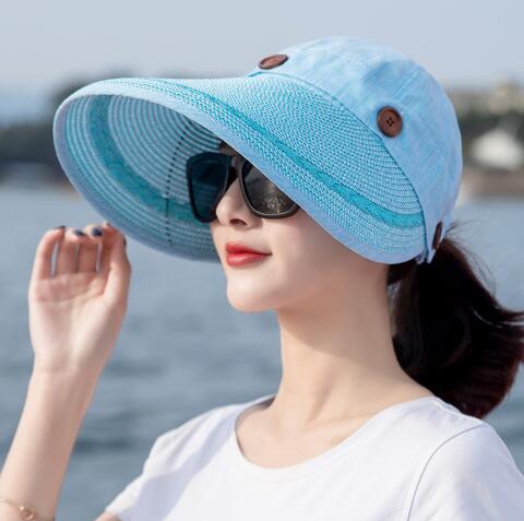 Solhatte kvinder stor bred skygge floppy sommer strand solhat kasket knap stråhat sommerhatte til kvinder anti-uv visir: Farve 6
