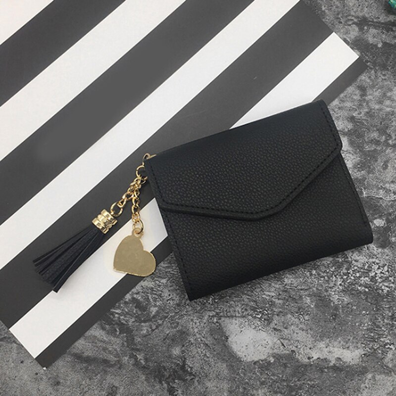 Short Wallet Tassel PU Leather Wallets Female Heart Pendant Hasp Coin Purse Mini Bag