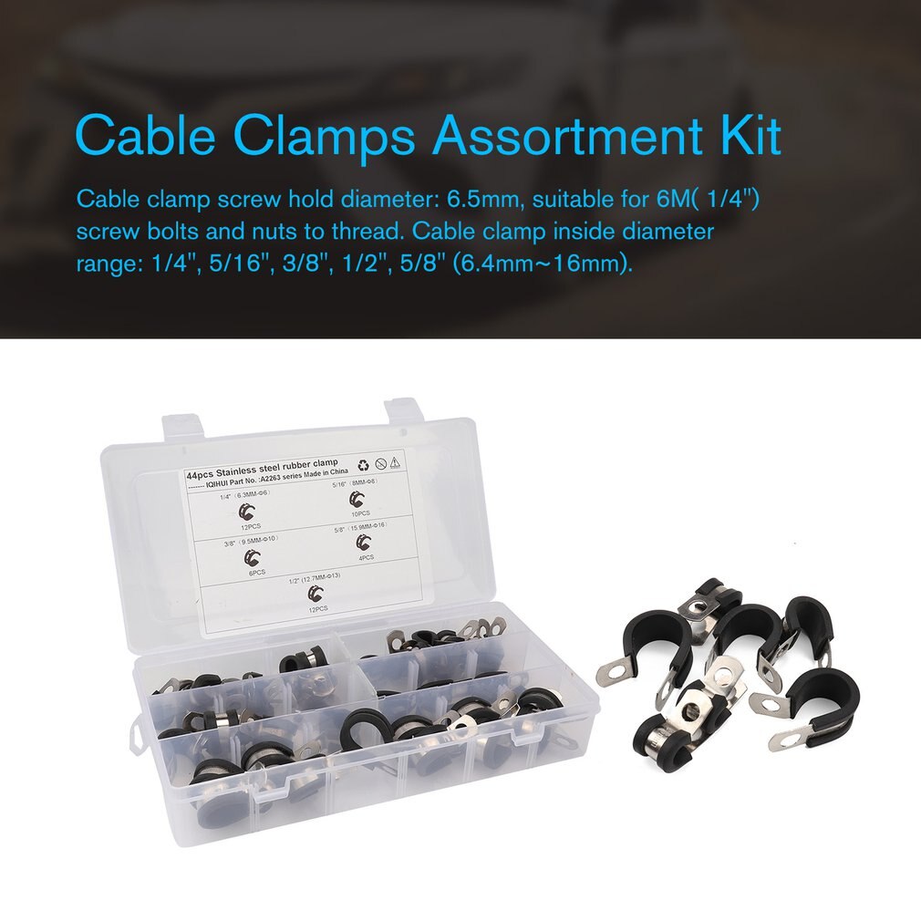 Cable Clamps Assortment Kit 44 Pcs Stainless Steel Rubber Cushion Pipe Clamps 5 Size 1/4'' 5/16'' 3/8'' 1/2'' 5/8''