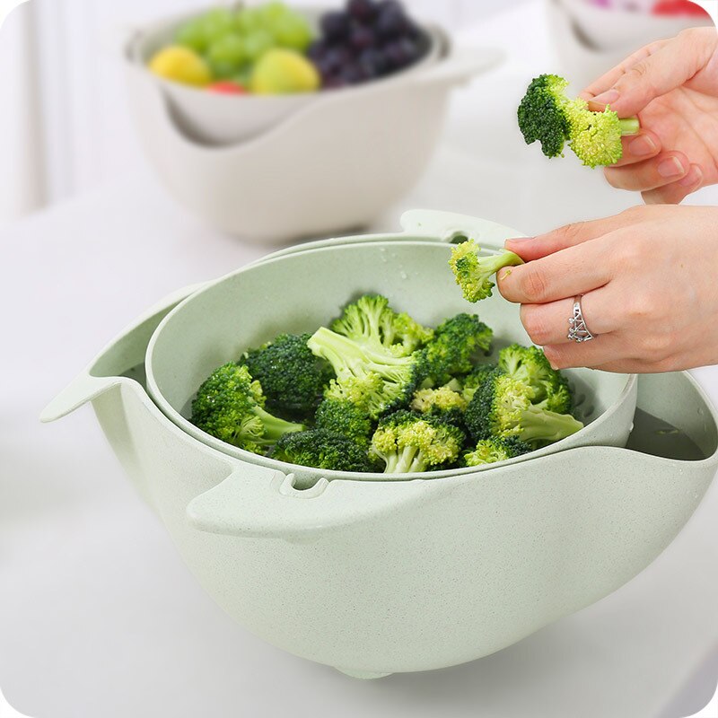 2- i -1 multifunktionelt køkkenslag / sileskålssæt blander frugtgrøntsager dobbeltlags drejelig afløbskurvvask