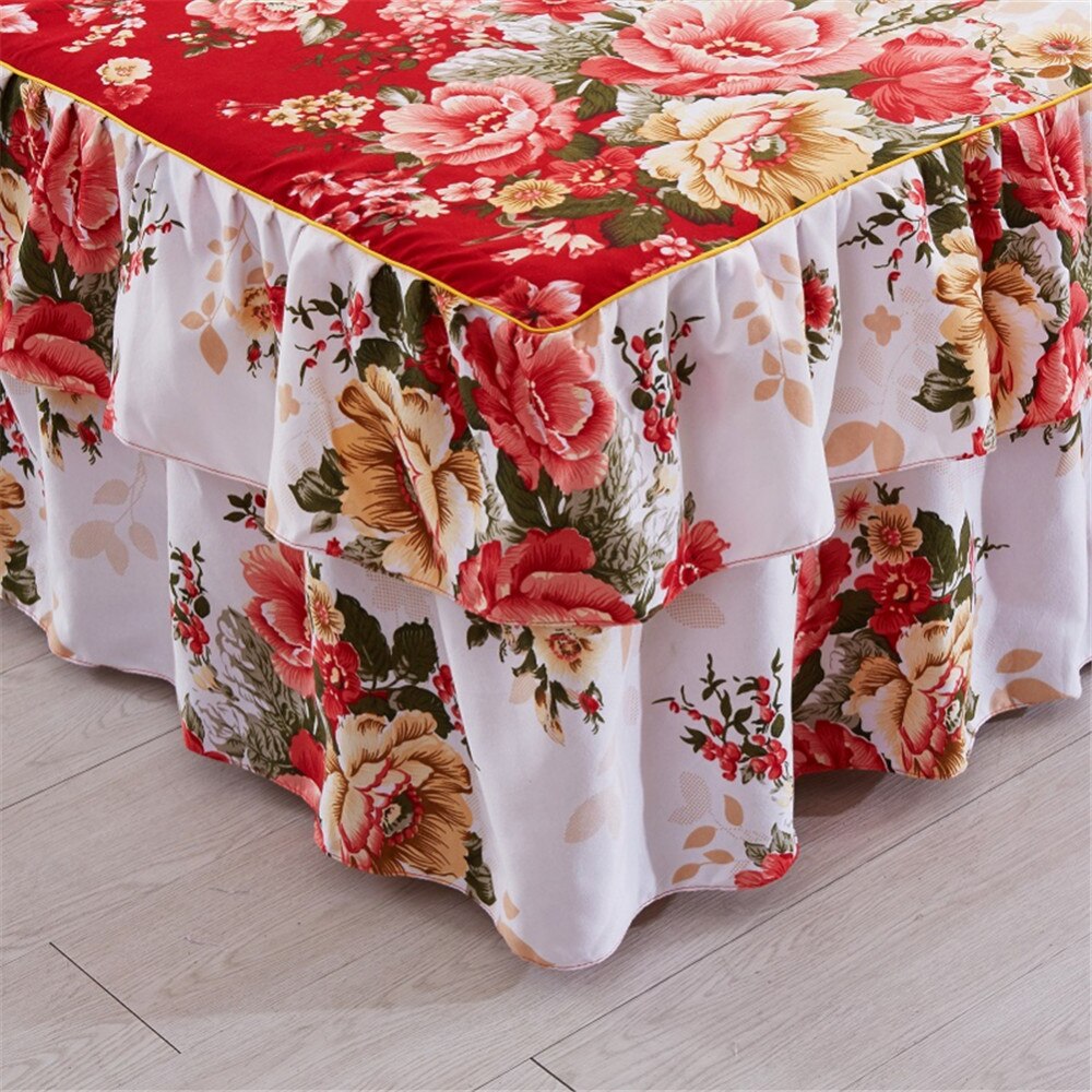 Romantisk to-lags seng nederdel chiffon sengetæppe satin bomuld lagen til bryllup dekoration sengetæppe med elastik