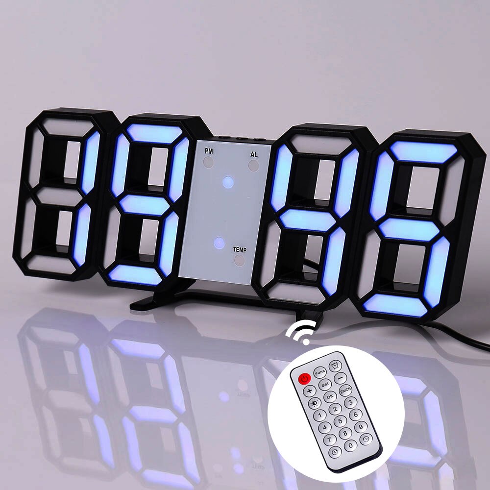 W&amp;G 3D Wall Clock Remote Korea Snooze Alarm Clocks Hanging Watch Table Clock Calendar Electronic Clock Intelligent Digital Clock: R black blue