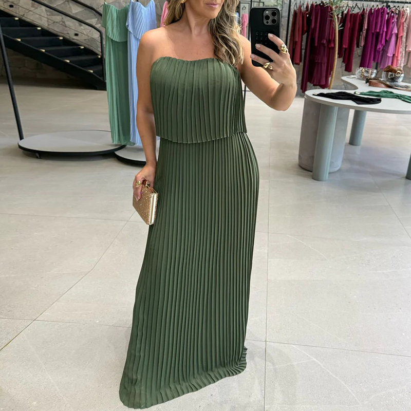 Fold Sleeveless High Waist Tube Top Dress Sexy Backless Solid Color Fit Evening Dress Women Cocktail Party Dress: XL / Beige