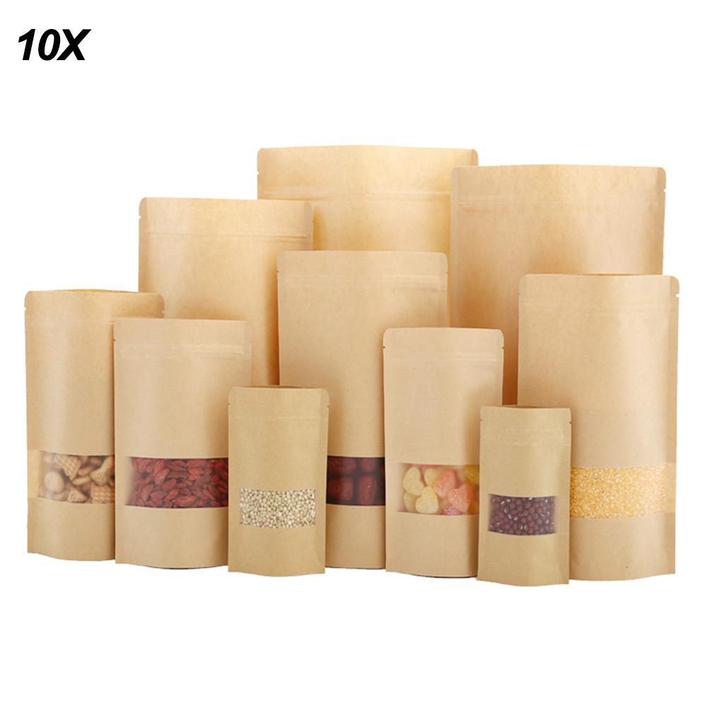 Bolsa Ziplock de papel Kraft de 10 Uds. Para frutos secos, frutas y alimentos, embalaje de ventana para bolsas de , bolsas reciclables para pan o fiestas: A