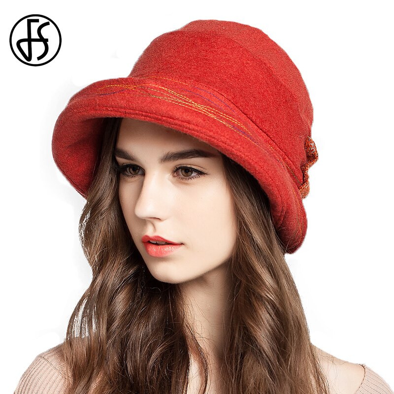 Fs rødbrun khaki kvinder efterår vinter top hat til damer uld fedora kasket med sløjfe floppy hatte foldbar: Rød