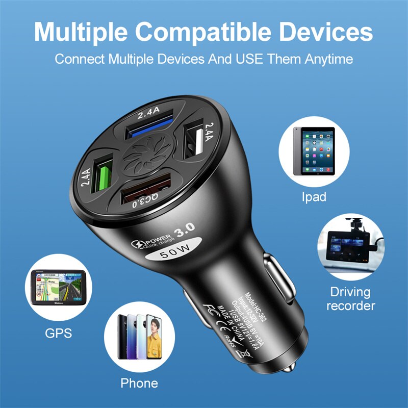 Floveme 4 -port-usb-autoladegerät mit 50w schnelllade- und 10a mini-schnellladeanschlüssen für iphone 11 , xiaomi, huawei und samsung mobiltelefone im auto