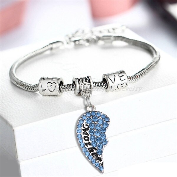 2PC Clear Color Red Pink Blue Crystal Rhinestone Heart Mother Daughter Bangle Bracelets Mom Mommy Girls Women Family Party: Blue Mother