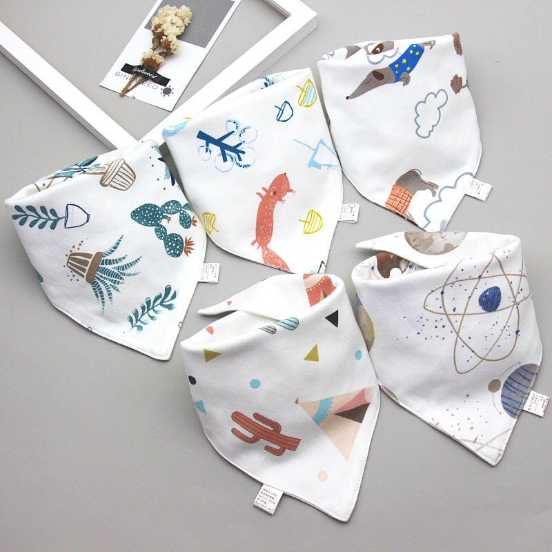 5 Pieces/lot Baby Bibs Triangle Double Cotton Bibs Cartoon Print Saliva Towel Baby Boys Girls Feeding Apron Cotton Bandana Bibs: D-5pcs