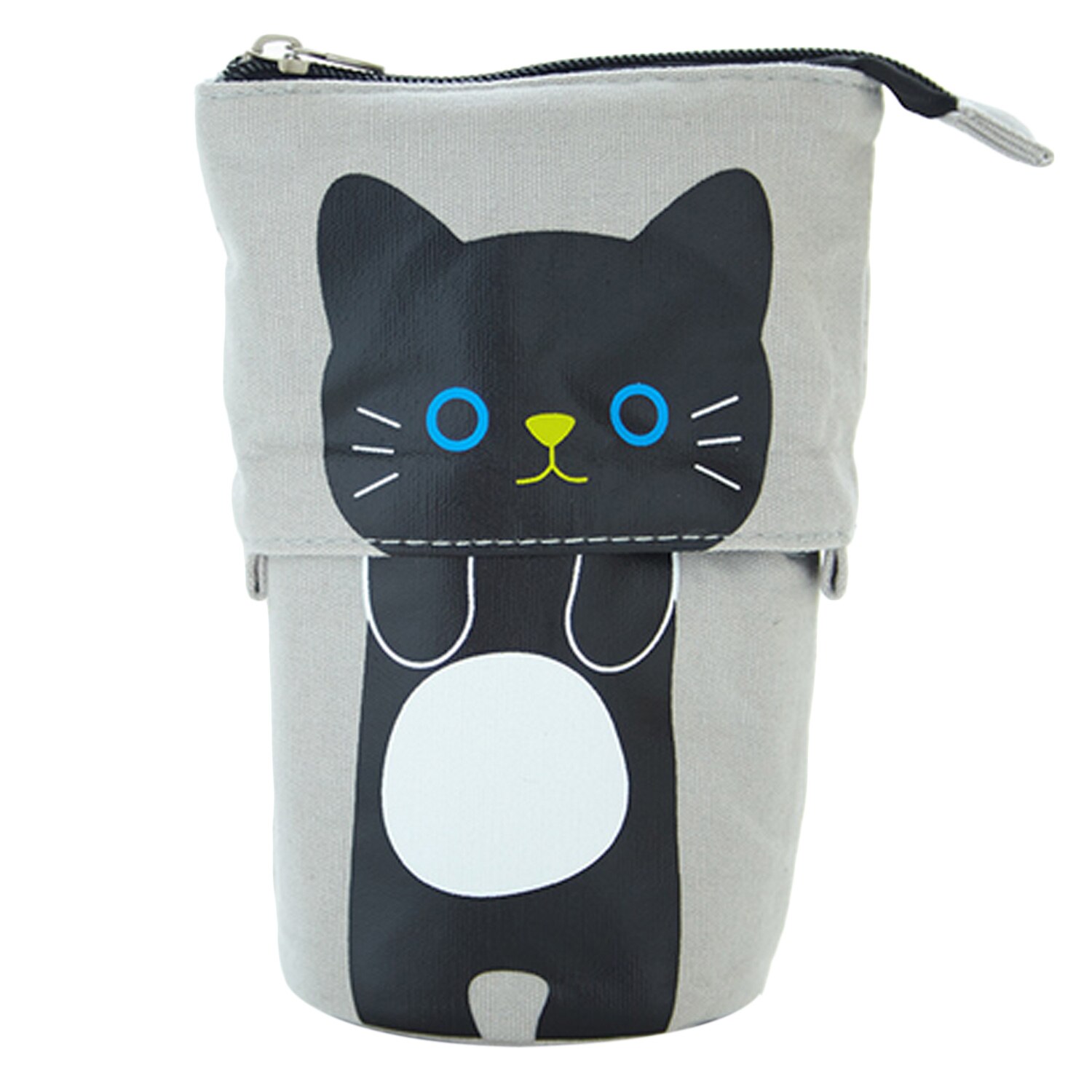 Cute Cartoon Cat Transformer Telescopic Canvas Stand Store Pencil Stationery Holder Pouch Bag Case with Zipper Closure: Black