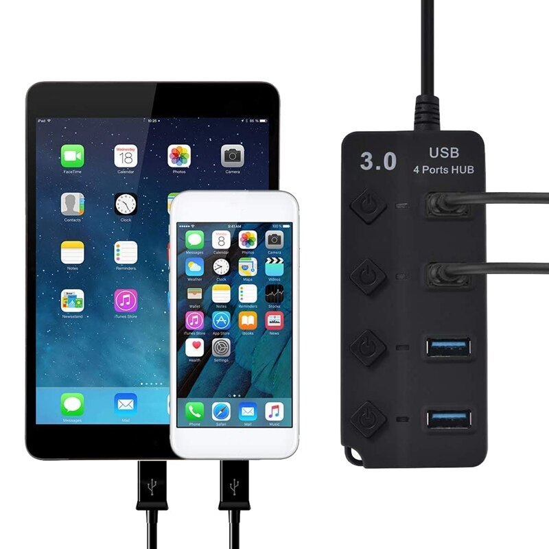 4-Port USB 3.0 Hub with Individual Power Switches, Portable Data Hub Compatible for USB A Devices, 5Gbps Transfer Speed