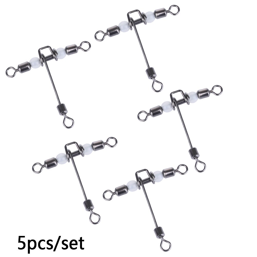 5Pcs Luminous T-Shape Fishing Swivels 3 Way Connector Rolling Swivel With Pearl Trident Wivels Bearing Splitter Brass Barrel