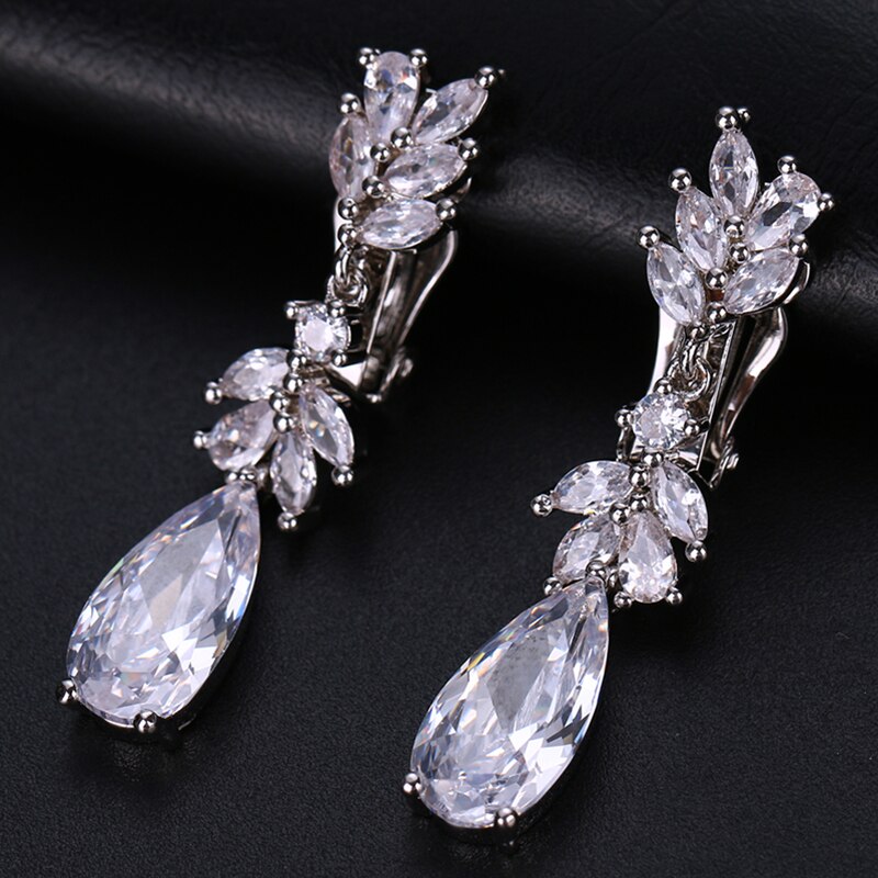 Leaf Zircon Clips Earrings for Women Silver Color Water Clip Earings Long Crystal Wedding Ear Cuff Jewelry